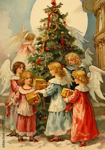 Vintage Christmas angels with Kids, Ephemera, Victorian Christmas cards, Junk journal, Retro Christmas Card, Antique collage,  Christmas Illustrations of 19th century © ArtPavo