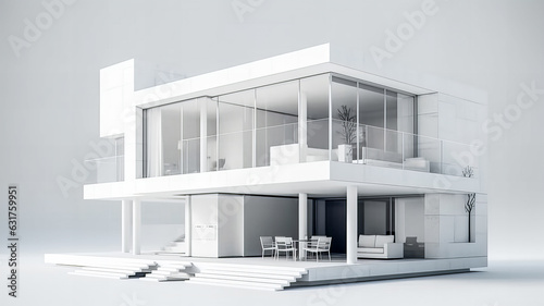 Isolated mockup of a 3D house standing on a white surface. Generative AI technology.