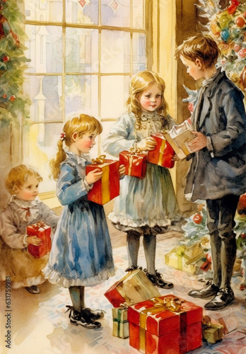Vintage Christmas card, Ephemera, Victorian Christmas Family, Junk journal, Card set, Antique collage, Retro Christmas cards of 19th century, Christmas family evening © ArtPavo