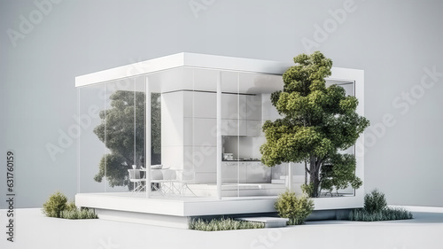 Isolated mockup of a 3D house standing on a white surface. Generative AI technology.