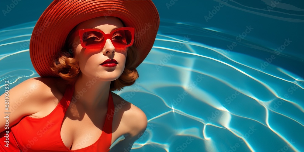 Retrato minimalista mujer en bikini rojo en la piscina, modelo con pamela roja y gafas de sol en verano, colección de baño coquette  - obrazy, fototapety, plakaty 