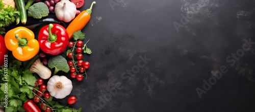 The mixed colorful vegetables are arranged on a dark gray slate stone background, with empty copy space.