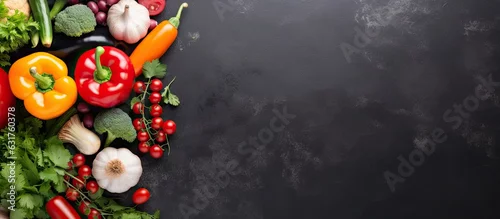 Panel kuchenny z motywem The mixed colorful vegetables are arranged on a dark gray slate stone background, with empty copy space.