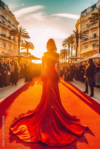 Actriz de espalda en la alfombra roja de los premios del cine, photocall de festival de cine, mujer con vestido rojo en un evento glamouros al atardecer photo