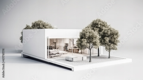 Isolated mockup of a 3D house standing on a white surface. Generative AI technology.