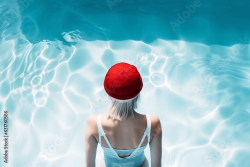 retrato minimalista mujer de pelo blanco con gorro de baño rojo nadando en una piscina azul, fotografía editorial minimalista de traje de baño  photo