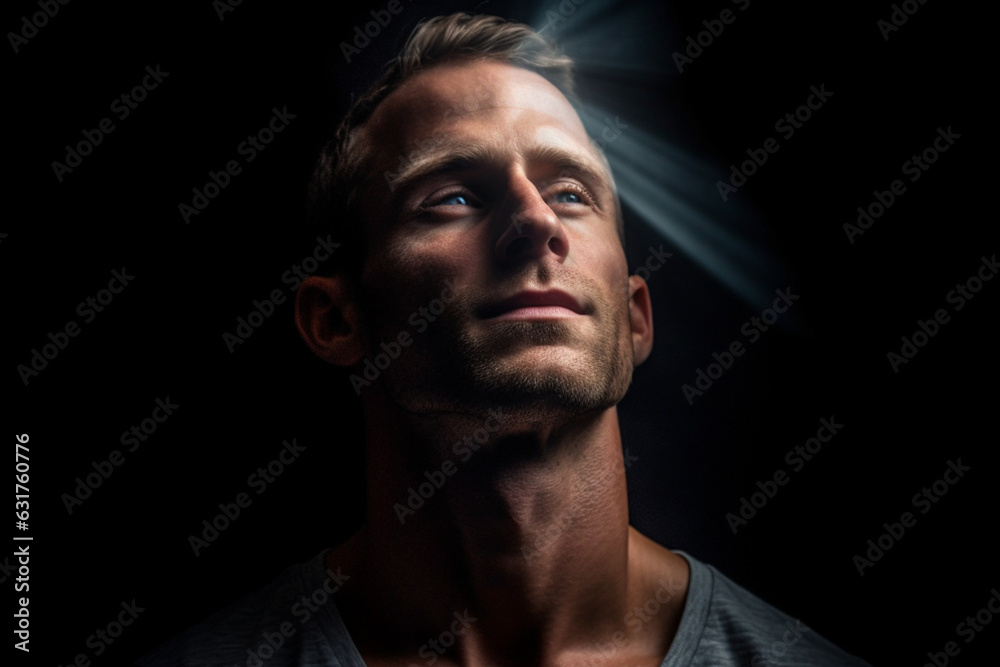 american man with dark background basking in the light with eyes close