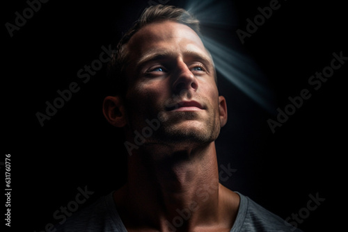 american man with dark background basking in the light with eyes close