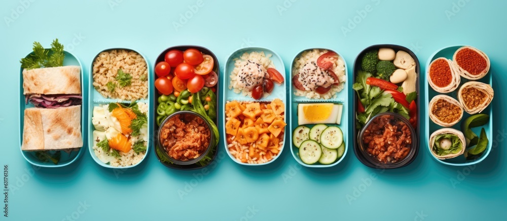 A blue background shows a top view of school lunchboxes containing a variety of healthy and nutritious meals. is taken from above, and empty space available for adding text.