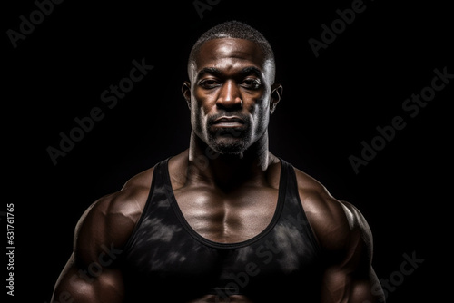 Black man studio portrait, fitness, strength, and power, dark light photography