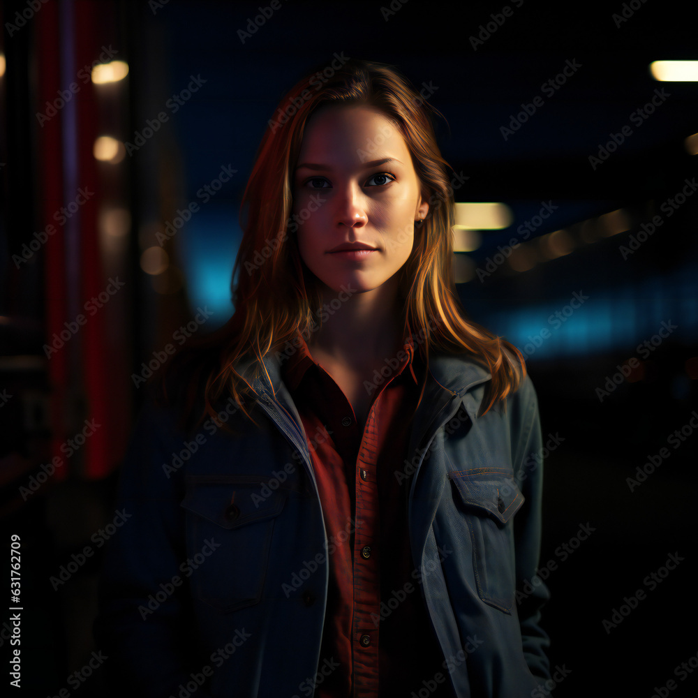 Portrait of a young woman in the night, outdoors, alone
