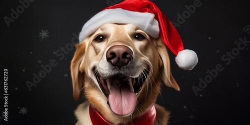 Divertido perro con un gorro de papa noel, celebrando la navidad en familia, perro feliz con gorro de Navidad 