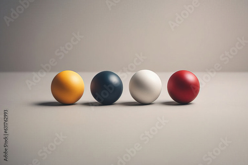 three colorful eggs in a row on a gray table, copy space