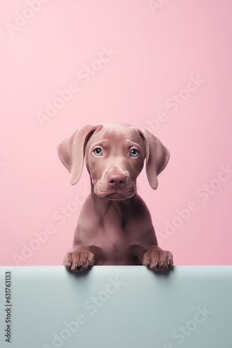 retrato cachorro perro marrón subido a un muro,  invitación para fiesta de mascotas, perro con cara adorable, retrato minimalista aesthetic cachorro  photo