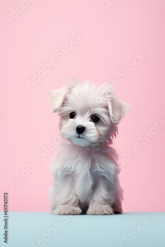 Precioso cachorro de bichón maltes sobre fondo rosa, retrato aesthetic adorable de perro pequeño, retrato minimalista mascota 