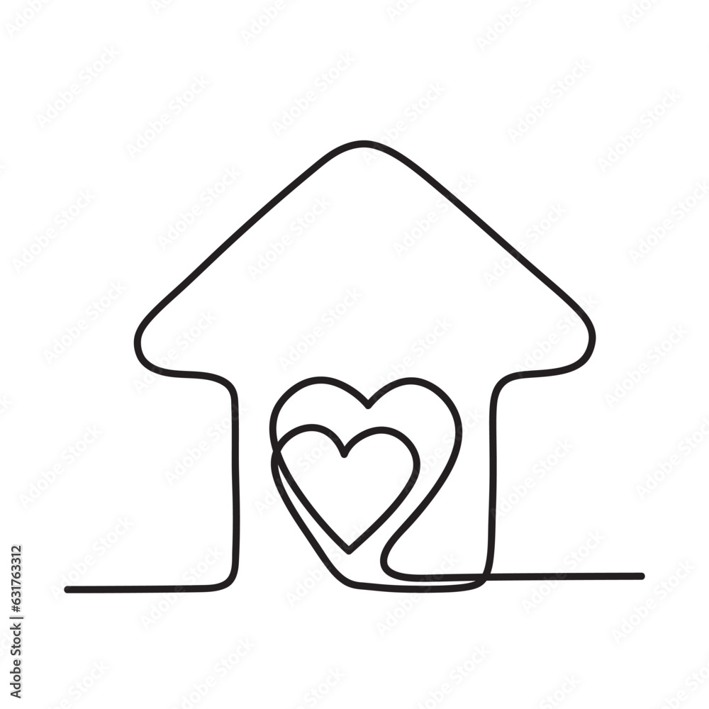 Heart inside house drawing with continuous line, home sweet home, love concept, vector illustration