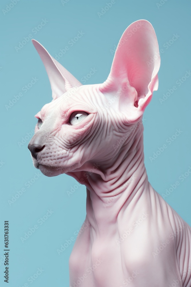 Close-up retrato gato sphynx con fondo azul, precioso gato egipcio con muchos pliegues en la piel, gato sin pello con arrugas en la piel 