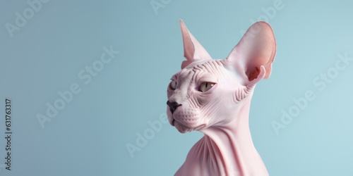 Cachorro de gato sphynx  retrato minimalista de gato egipcio con fondo azul  precioso gato sin pelo peque  o posando 
