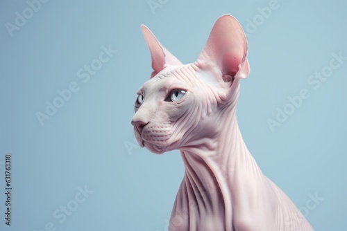 retrato gato sphynx con fondo azul, precioso gato egipcio con muchos pliegues en la piel, retrato minimalista mascota  photo