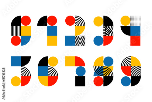 Numbers. Trendy font in retro Bauhaus design style. Artistic geometric printing type. Stylized alphabet drawing in blue, red, yellow and black
