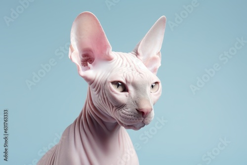 precioso retrato minimalista de un gato egipcio con fondo azul, gato sphynx aislado con fondo neutro, gato sin pelo posando en un studio  photo