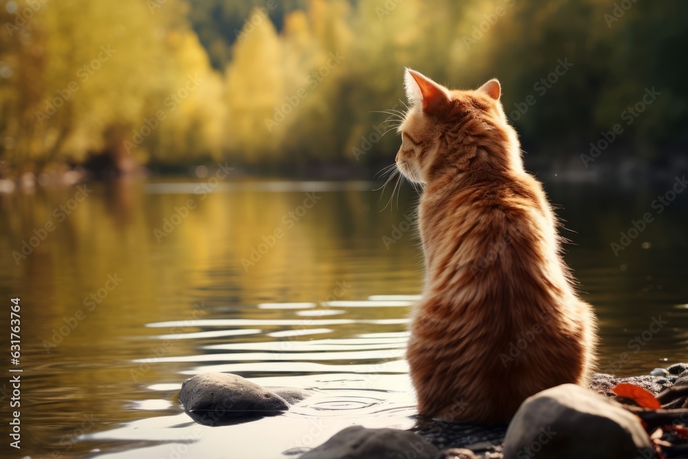 Precioso gato naranja paseando en la naturaleza, paseo por el río con gato domestico, gato en el río  - obrazy, fototapety, plakaty 