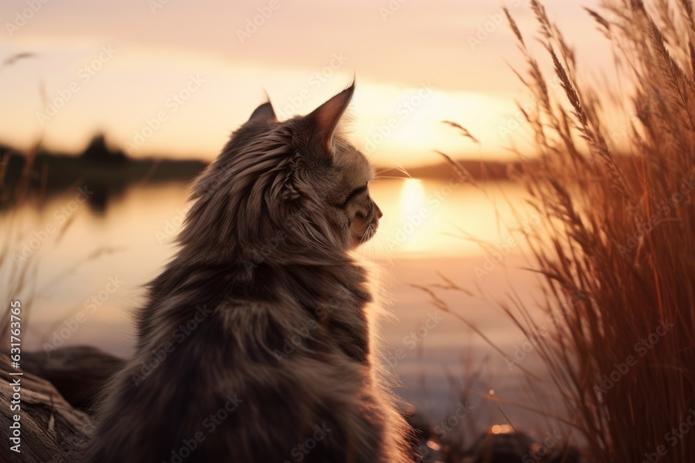 Gato domestico en la naturaleza, paseando un gato al lado del río, precioso gato mirando el horizonte en la naturaleza - obrazy, fototapety, plakaty 
