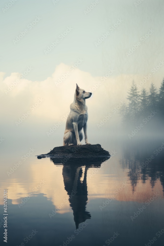 Magnifico perro en la naturaleza, retrato minimalista aesthetic mascota en un lago, perro en una roca en mitad del lago, naturaleza salvaje - obrazy, fototapety, plakaty 