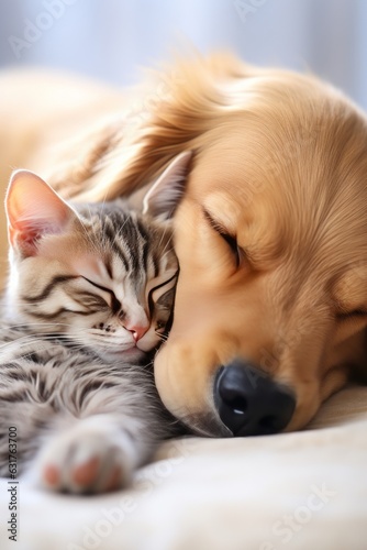 retrato aesthetic de dos cachorros, gato pequeño y perro pequeño durmiendo juntos, adorable retrato de mascotas 