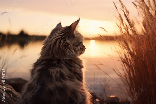 Gato domestico en la naturaleza, paseando un gato al lado del río, precioso gato mirando el horizonte en la naturaleza photo