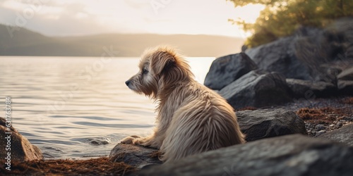 Cachorro de perro sentado a la orilla del río al atardecer, perro peludo en el lago, senderismo con perros