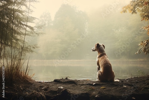 Perro de paseo en la naturaleza, perro grande mirando el lago, mascota pensativa en el bosque