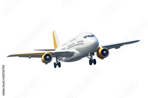 A commercial jet flying through a clear white sky created with Generative AI technology