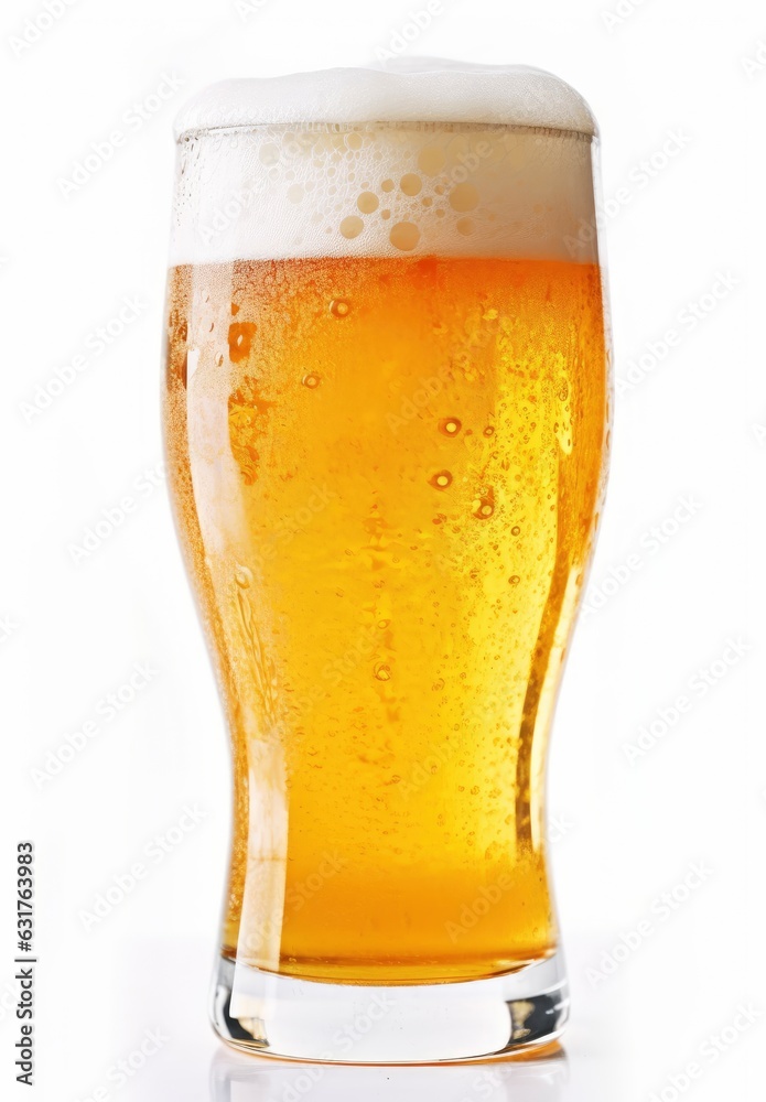 A refreshing glass of beer on a clean white background created with Generative AI technology