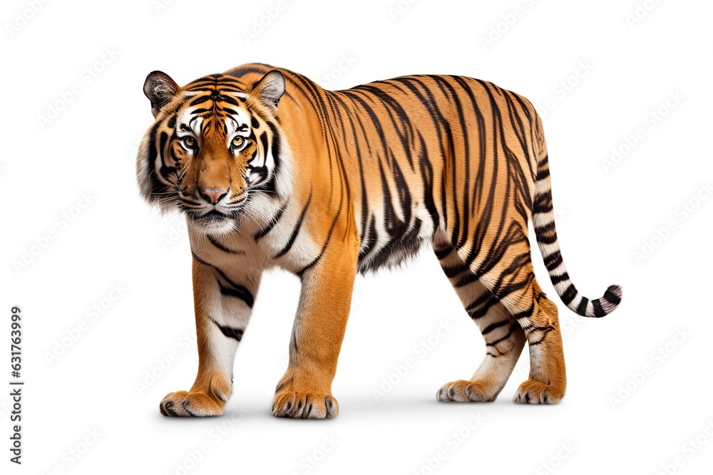 Obraz premium A majestic tiger standing proudly against a pristine white backdrop created with Generative AI technology