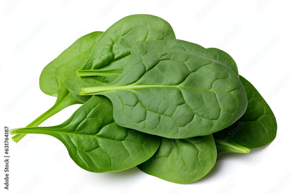 Obraz premium A vibrant pile of green baby spinat on a clean white background created with Generative AI technology