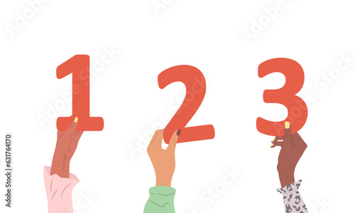Group of different female hands holding red numbers. Diverse multi-ethnic people are together. Vector hand drawn illustration in cartoon style. Clipart isolated in white background.