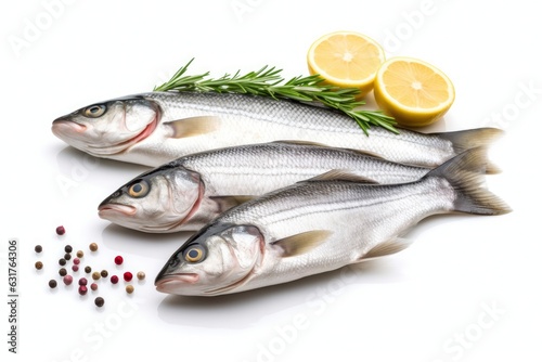 Three fish with herbs and lemons on a white background created with Generative AI technology