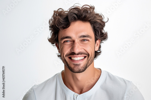 Closeup portrait of handsome smart-looking smiling with toothy smile male posing for social advertisement, isolated on white background with copy space for your promotional information 