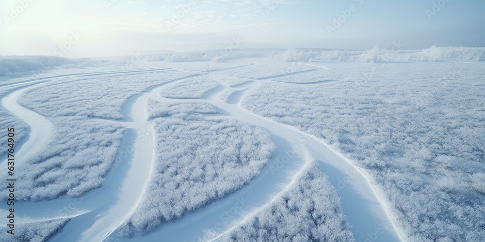 Obraz premium Drone view paisaje nevado y salvaje, precioso bosque totalmente nevado con caminos cubiertos de nieve