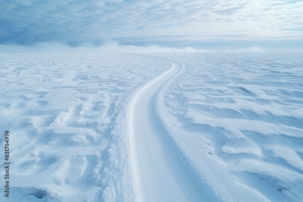 Aerial drone view de una carretera nevada en mitad de la nada - obrazy, fototapety, plakaty 