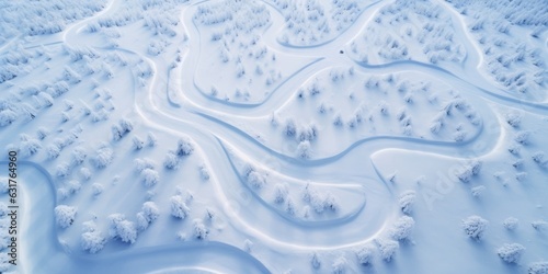 Drone view of snow-covered countryside, bosque nevado con muchos caminos zigzagueantes  photo