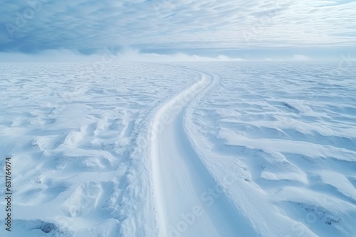Aerial drone view de una carretera nevada en mitad de la nada photo