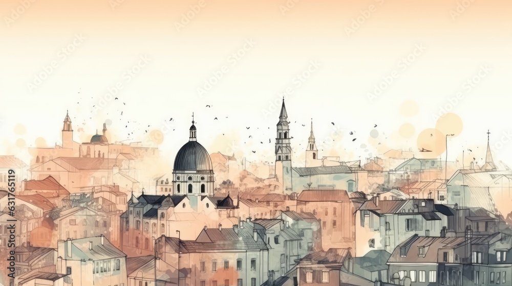 Travel illustration. Panorama of the town. Art, minimalism, romanticism, watercolors, pastels. Generative AI.   - obrazy, fototapety, plakaty 
