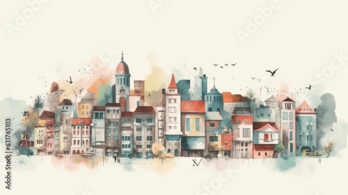 Travel illustration. Panorama of the town. Art  minimalism  romanticism  watercolors  pastels. Generative AI.  