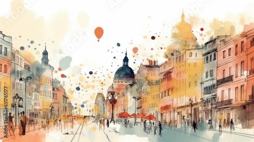 Travel illustration. Panorama of the town. Art, minimalism, romanticism, watercolors, pastels. Generative AI. 