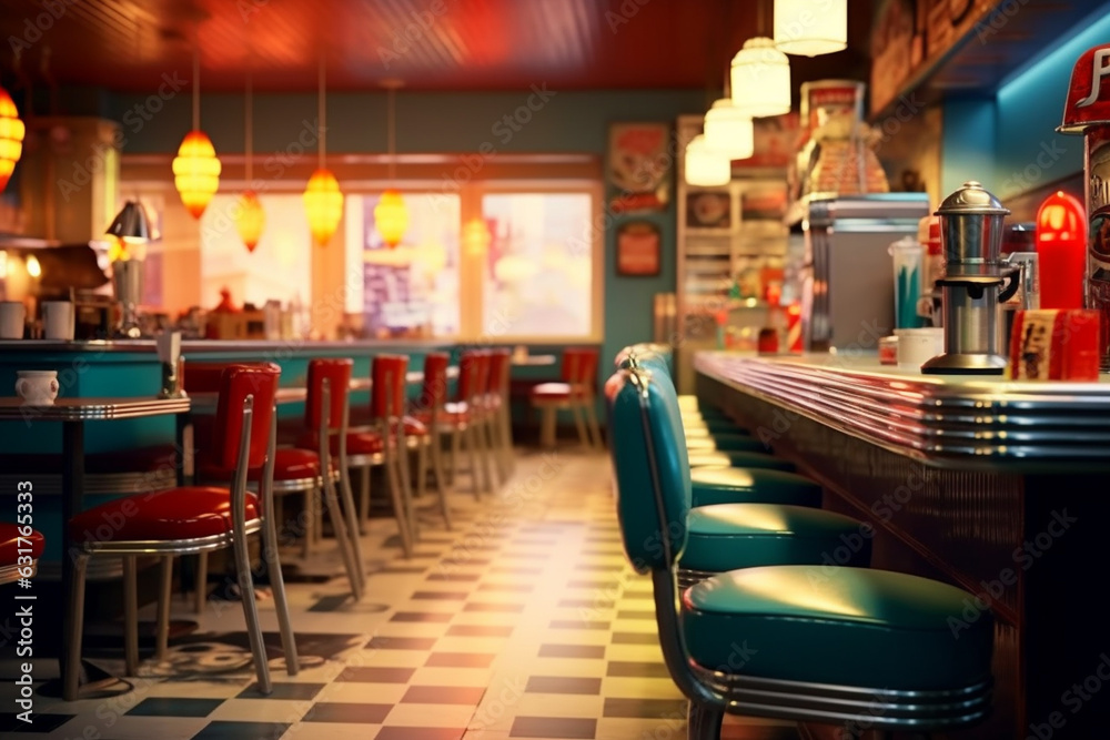 Classic diner cafe interior, 1950s style classic