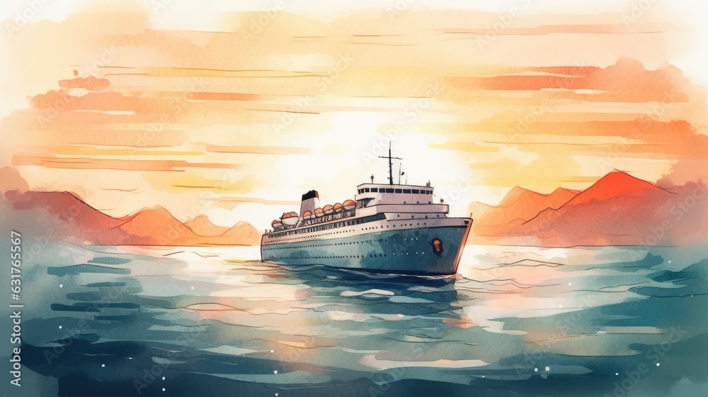 Travel illustration. Cruise ship in the sea . Art, minimalism, romanticism, watercolors, pastels. Generative AI. Travel illustration. Cruise ship in the sea . Art, minimalism, romanticism, watercolors, pastels. Generative AI.