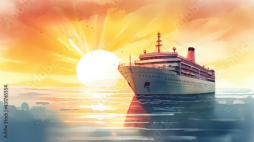 Travel illustration. Cruise ship in the sea . Art, minimalism, romanticism, watercolors, pastels. Generative AI. © Dmitry
