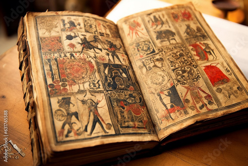 open vintage medieval book with text and illustrations